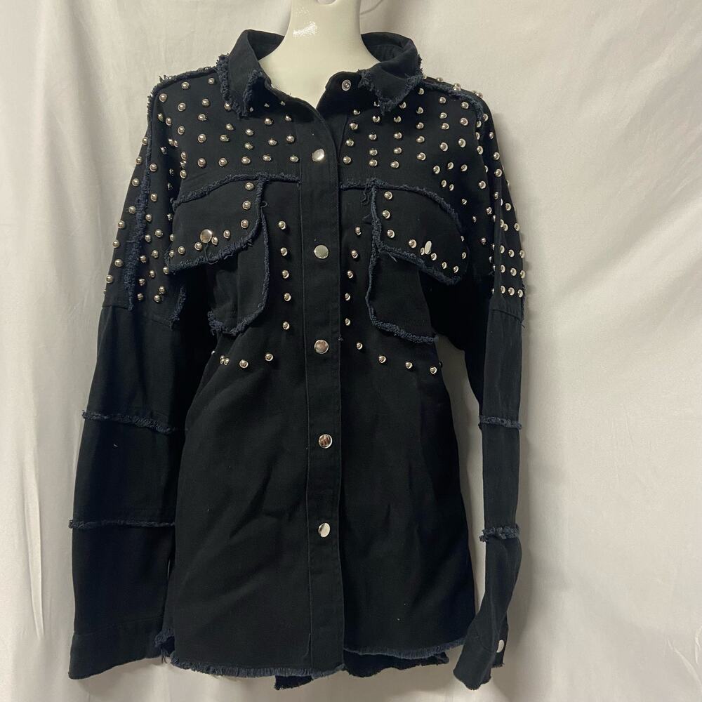 Fantastic Fawn Dark Black Denim Jacket w/ Bling Snap Up Dark Black Fringe Seams